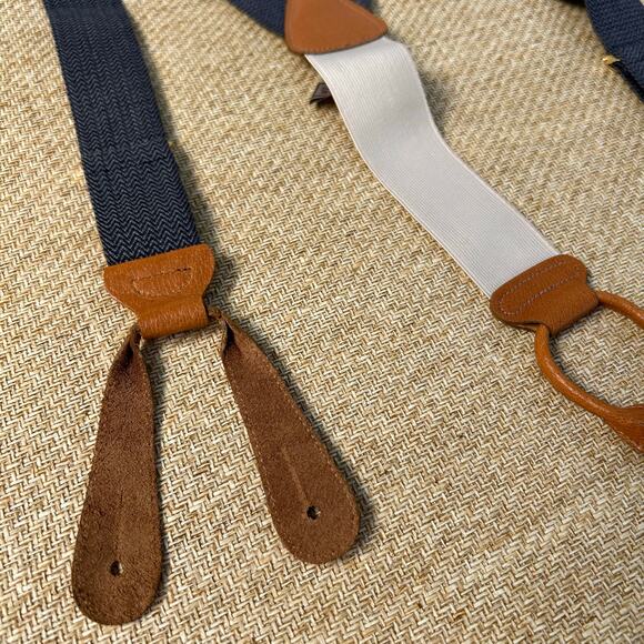 Trafalgar Suspenders Cream Navy Gray Leather Button On Braces USA Made - Picture 9 of 12